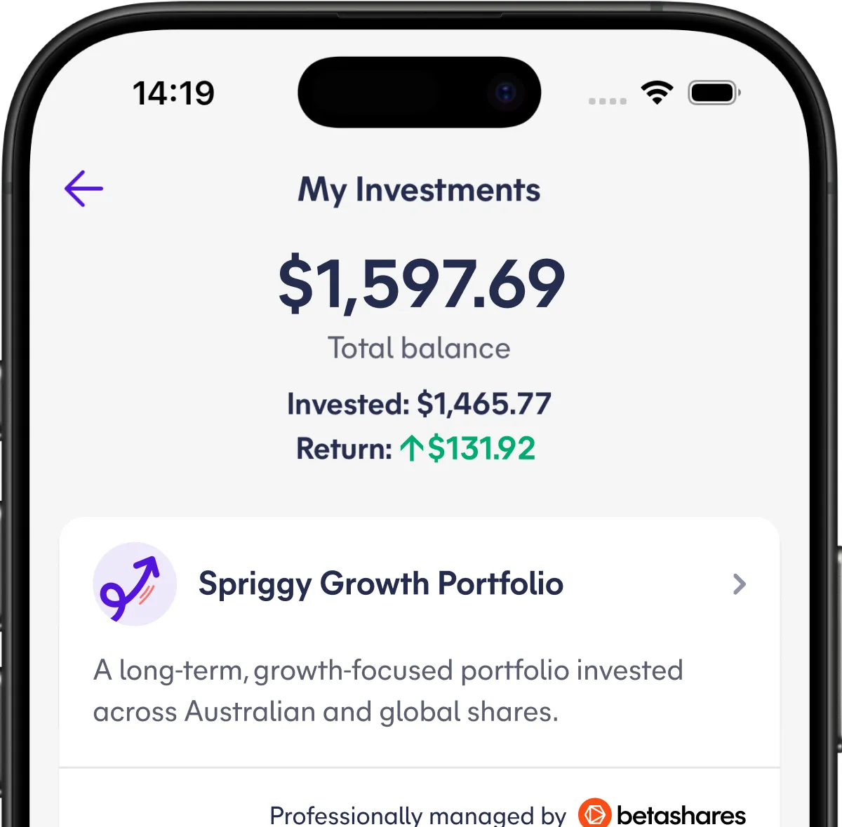 Spriggy app showing the My Investments screen