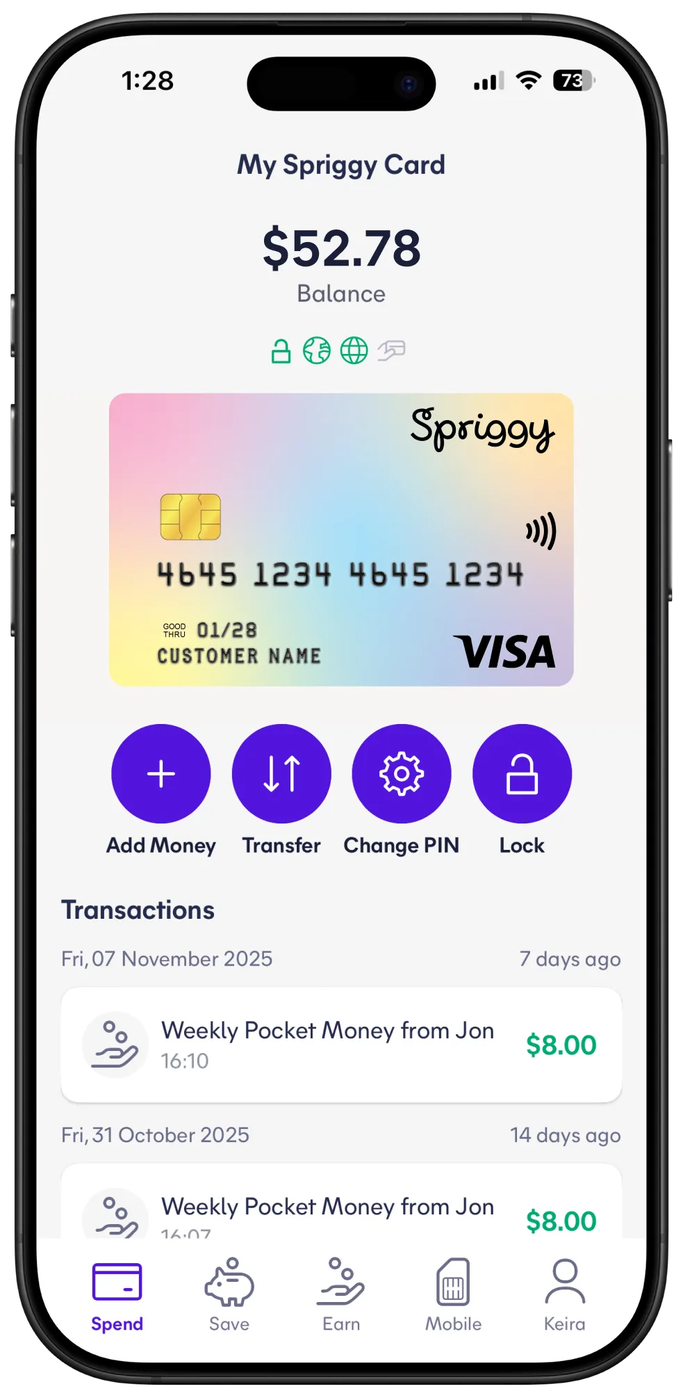 Spriggy app showing a child's card, balance and recent spending