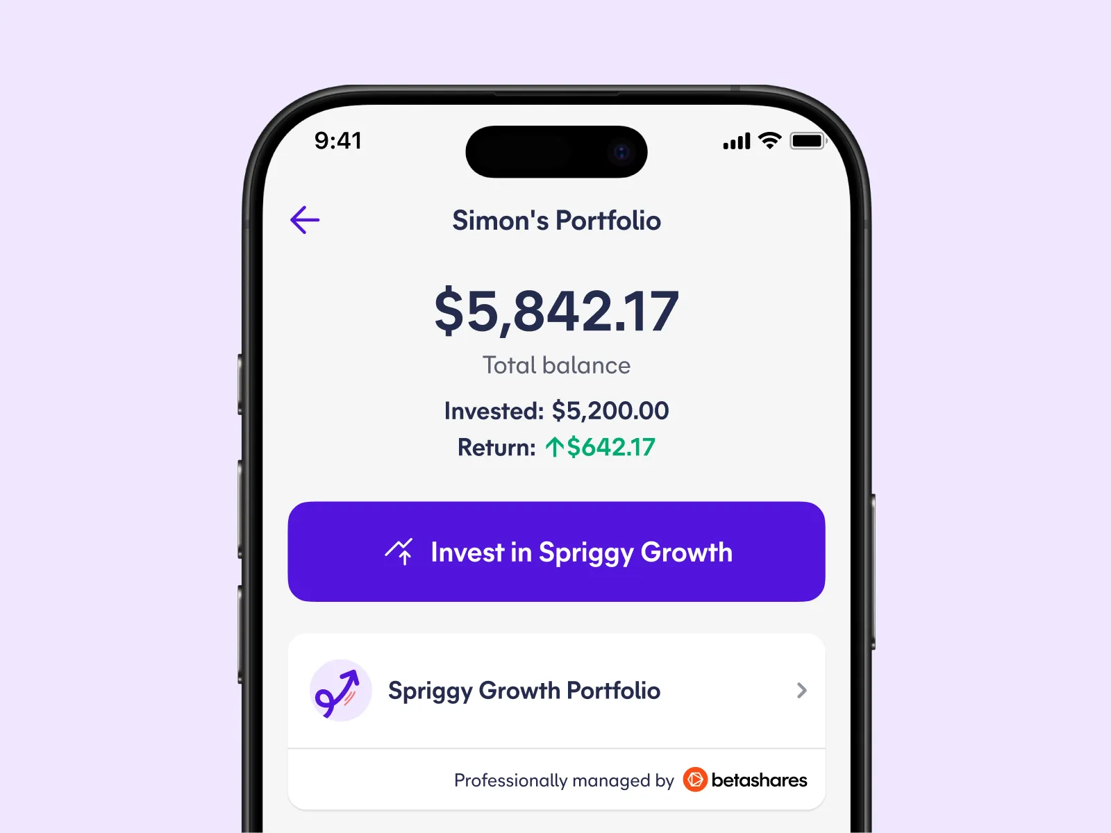 Spriggy app portfolio screen showing a balance and return in the Spriggy Growth Portfolio