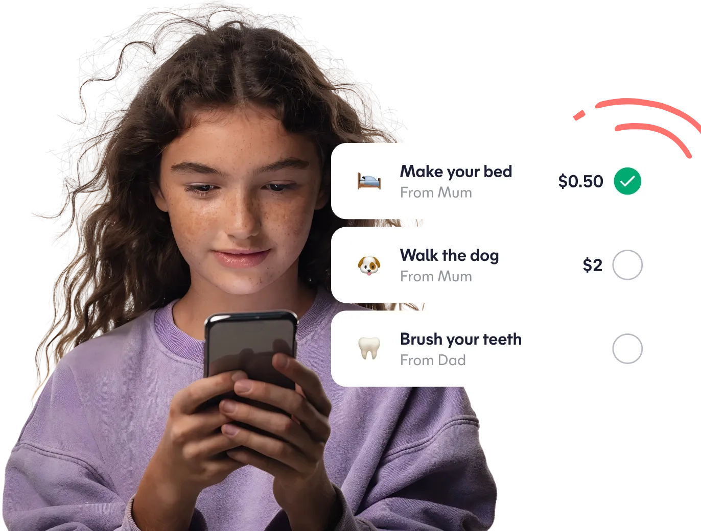 A girl checking her Jobs in the Spriggy app: make your bed 50 cents, walk the dog $2, brush your teeth