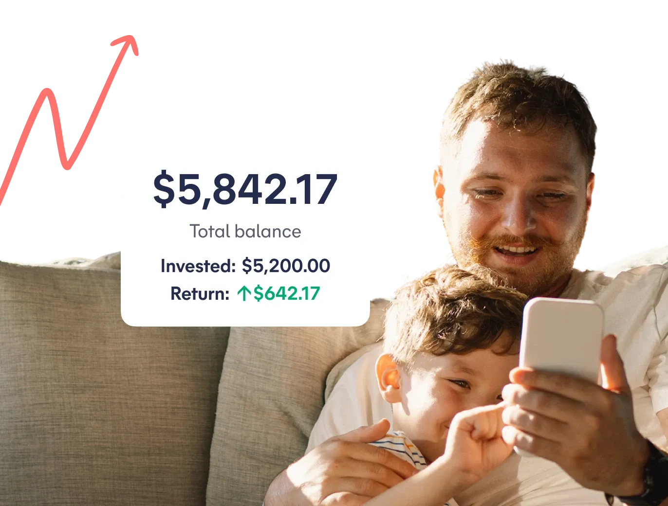 A dad and his son looking at their portfolio balance in the Spriggy app: $5,842.17 total