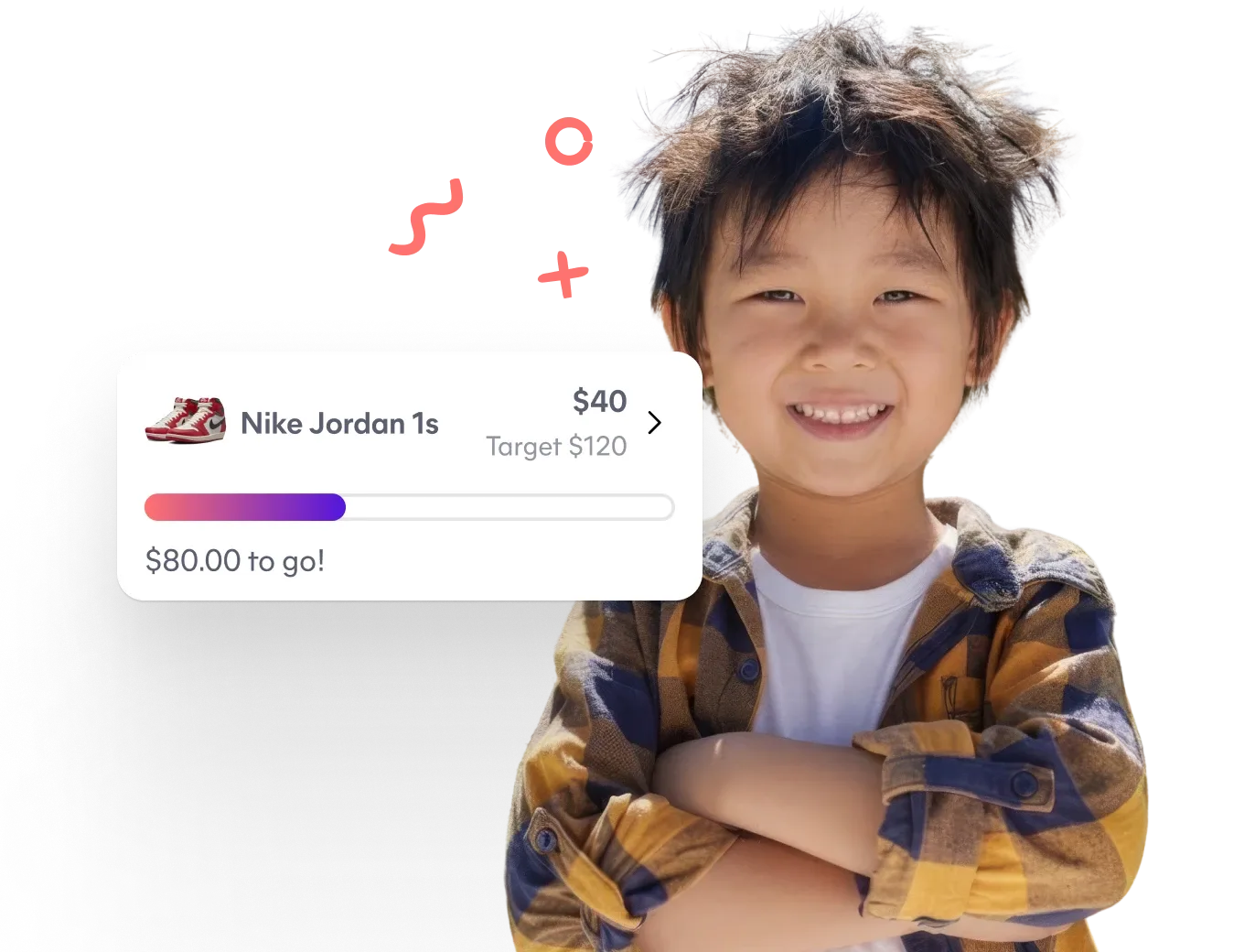 A boy with his Goal in the Spriggy app: Nike Jordan 1s, $40 saved of a $120 target