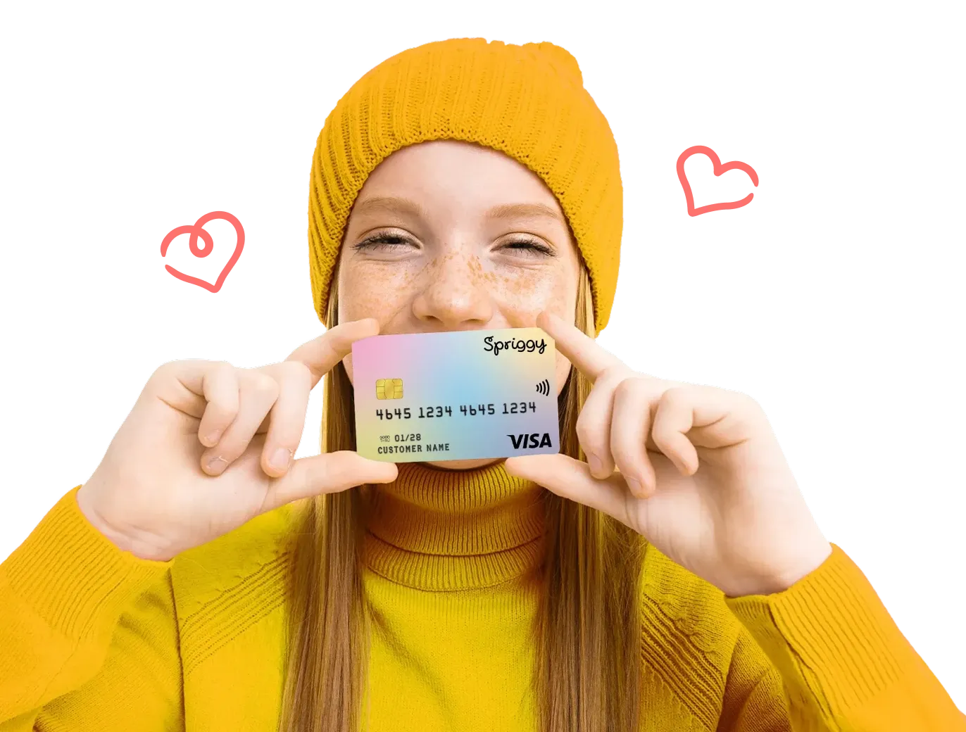 A girl holding up her pastel Spriggy Visa card
