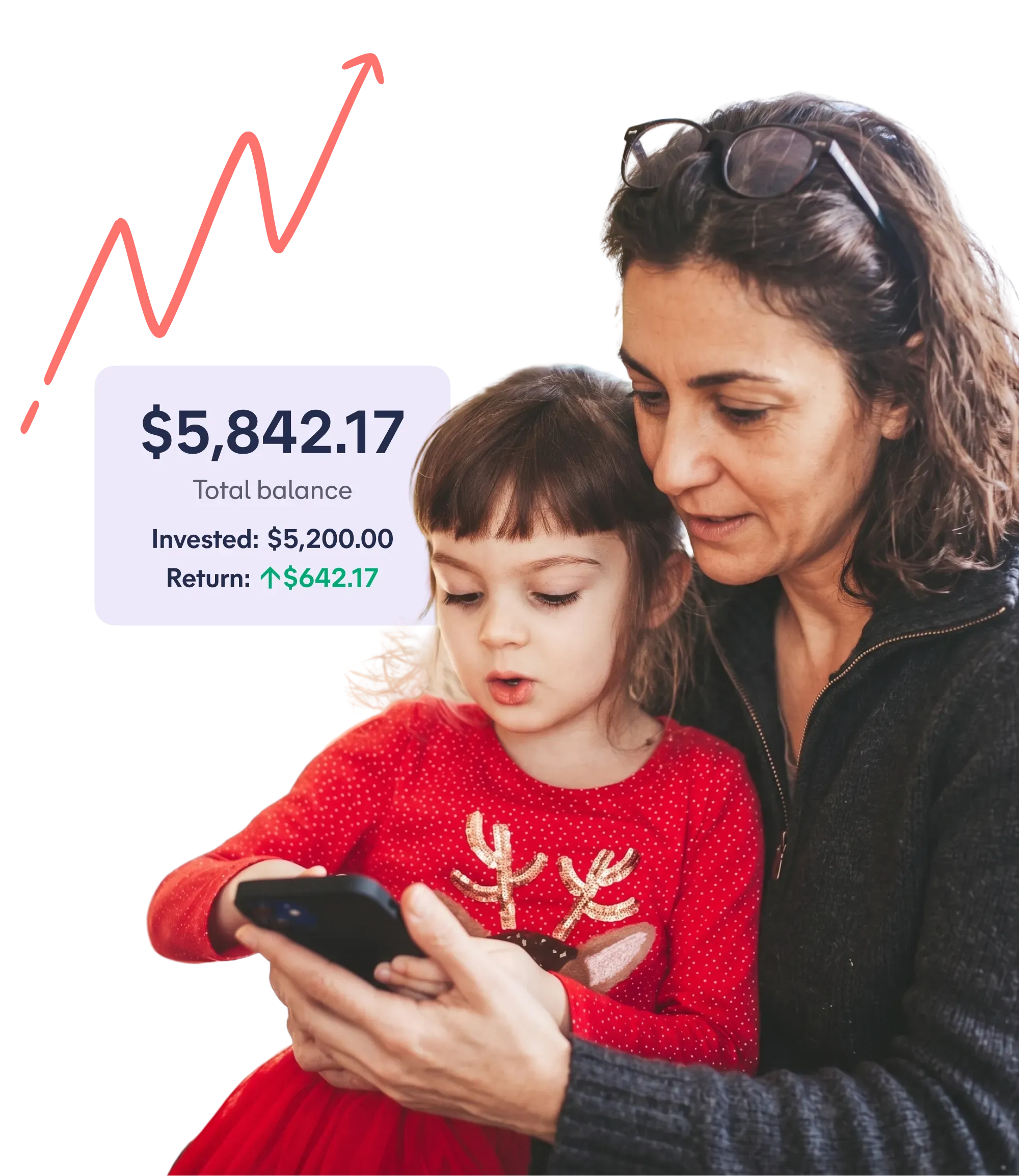 A mum and her young daughter looking at their portfolio balance in the Spriggy app together
