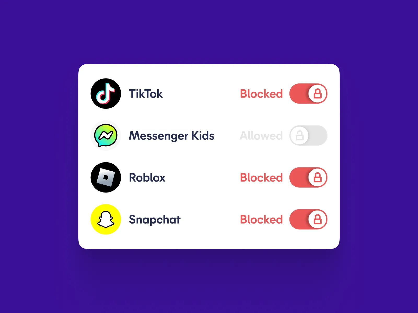 App-level controls for TikTok, Snapchat, Roblox, and Fortnite in the Spriggy app