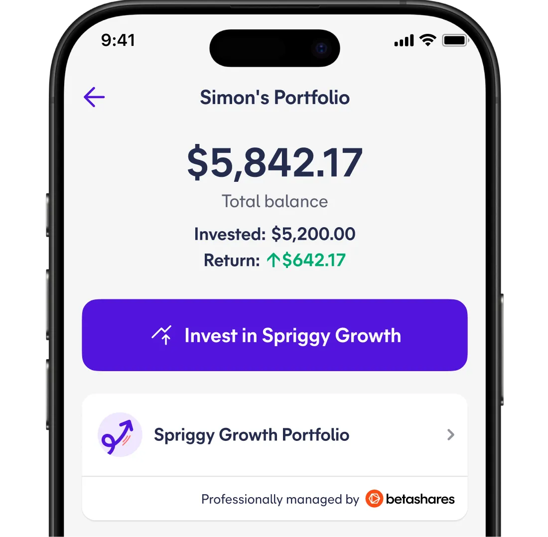 Spriggy app screen showing the Spriggy Growth Portfolio card