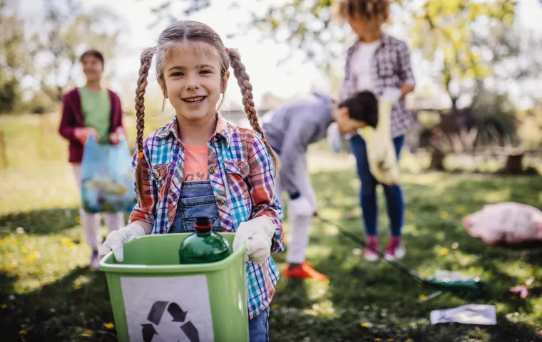 Girl holding a recycling bin with family doing yard work in the background