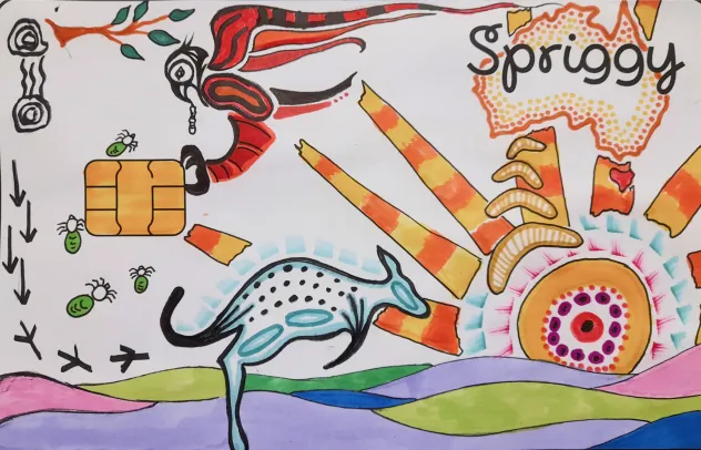 Kid-designed Spriggy card with kangaroo landscape