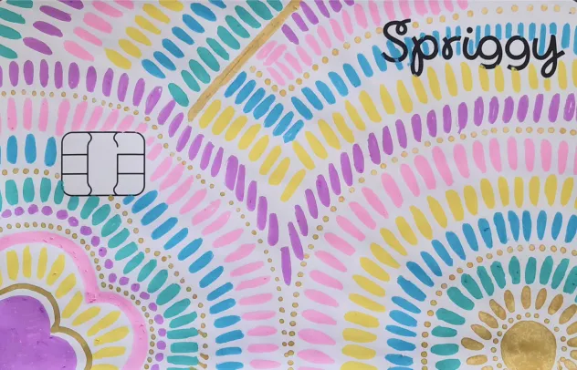 Kid-designed Spriggy card with pastel sunburst design