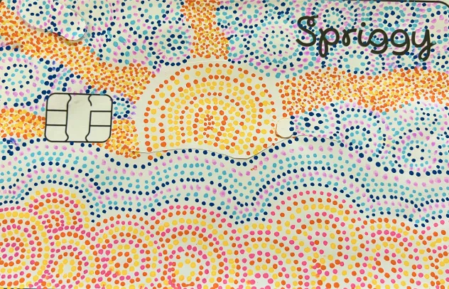 Kid-designed Spriggy card with rainbow dot art