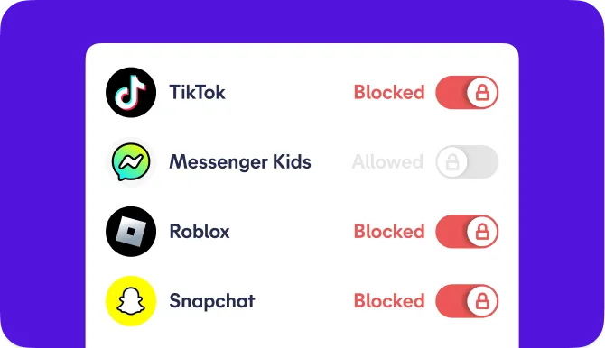 App control screen showing TikTok, Roblox and Snapchat blocked