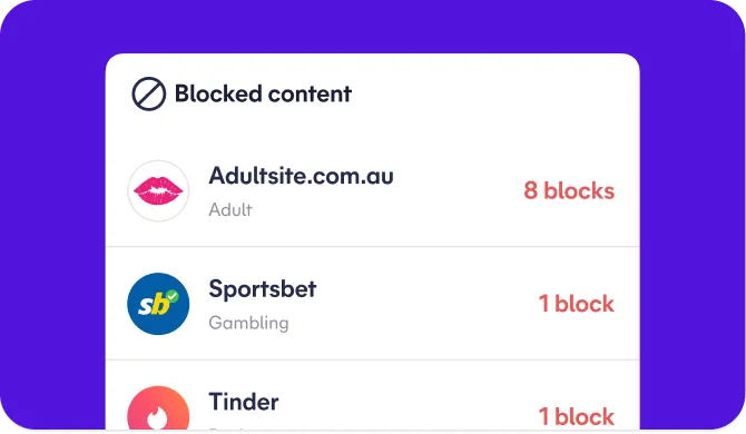 Blocked content screen showing adult, gambling and dating sites blocked