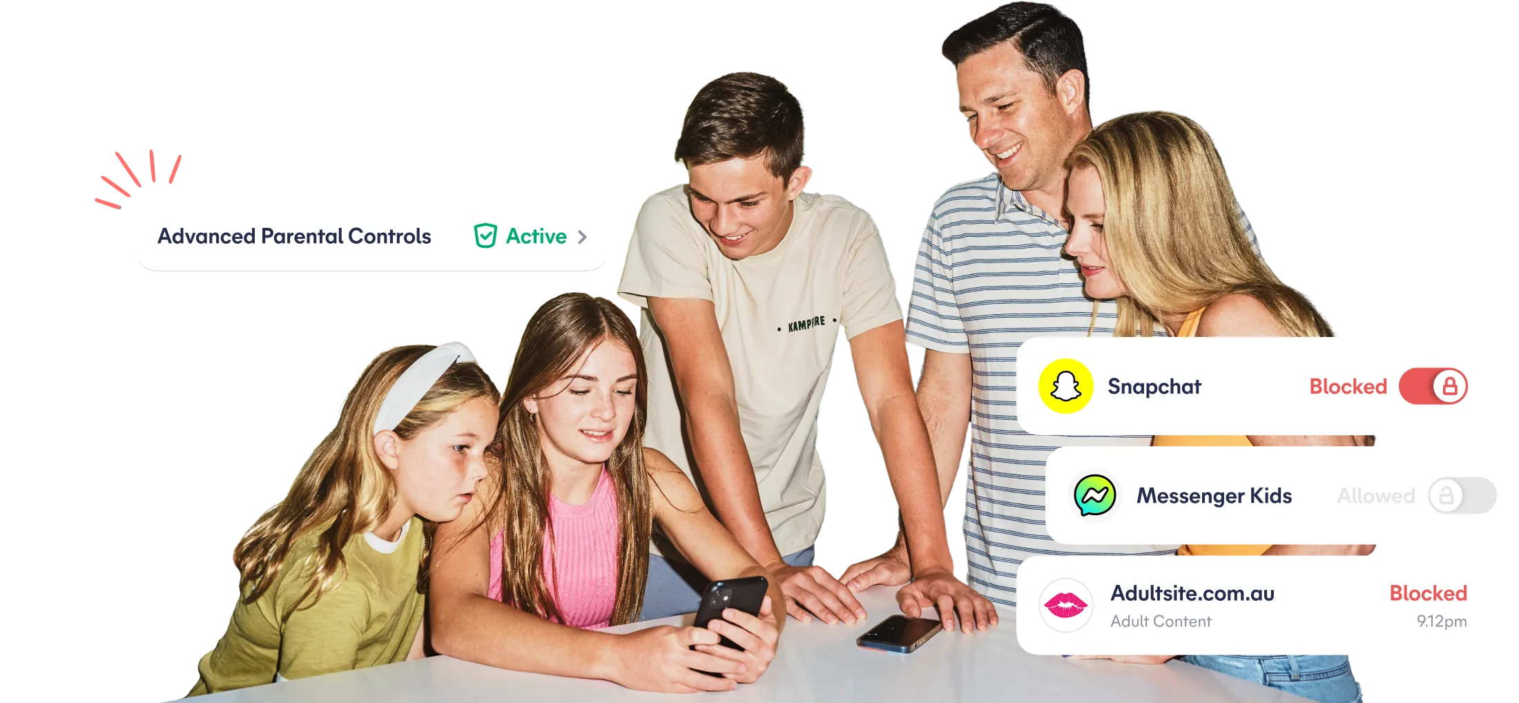 Family looking at phone together with Advanced Parental Controls active