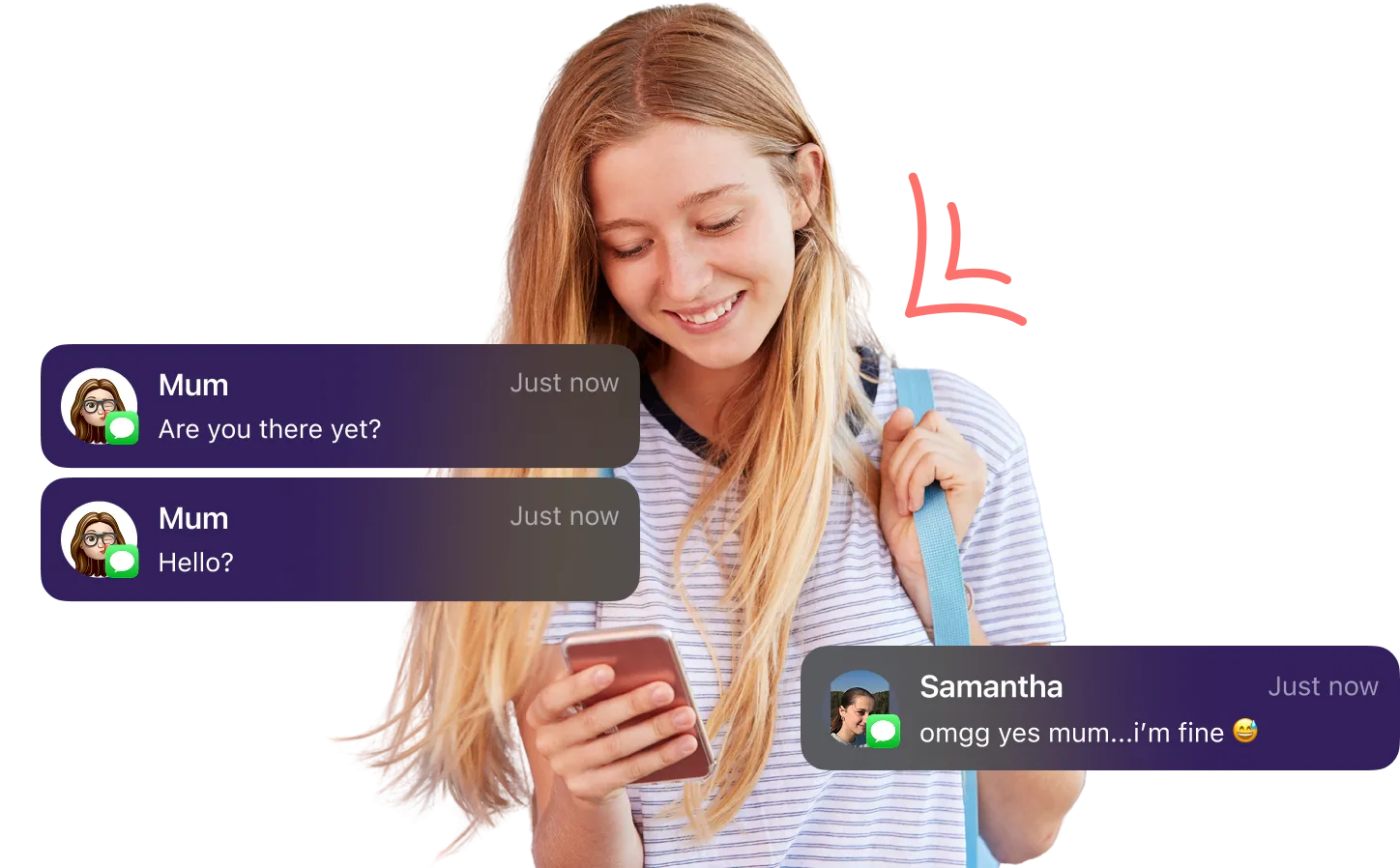 Girl using phone with chat messages from Mum