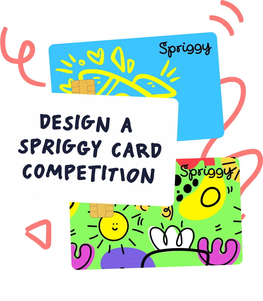 Scattered kid-designed Spriggy cards from the Design a Spriggy Card Competition